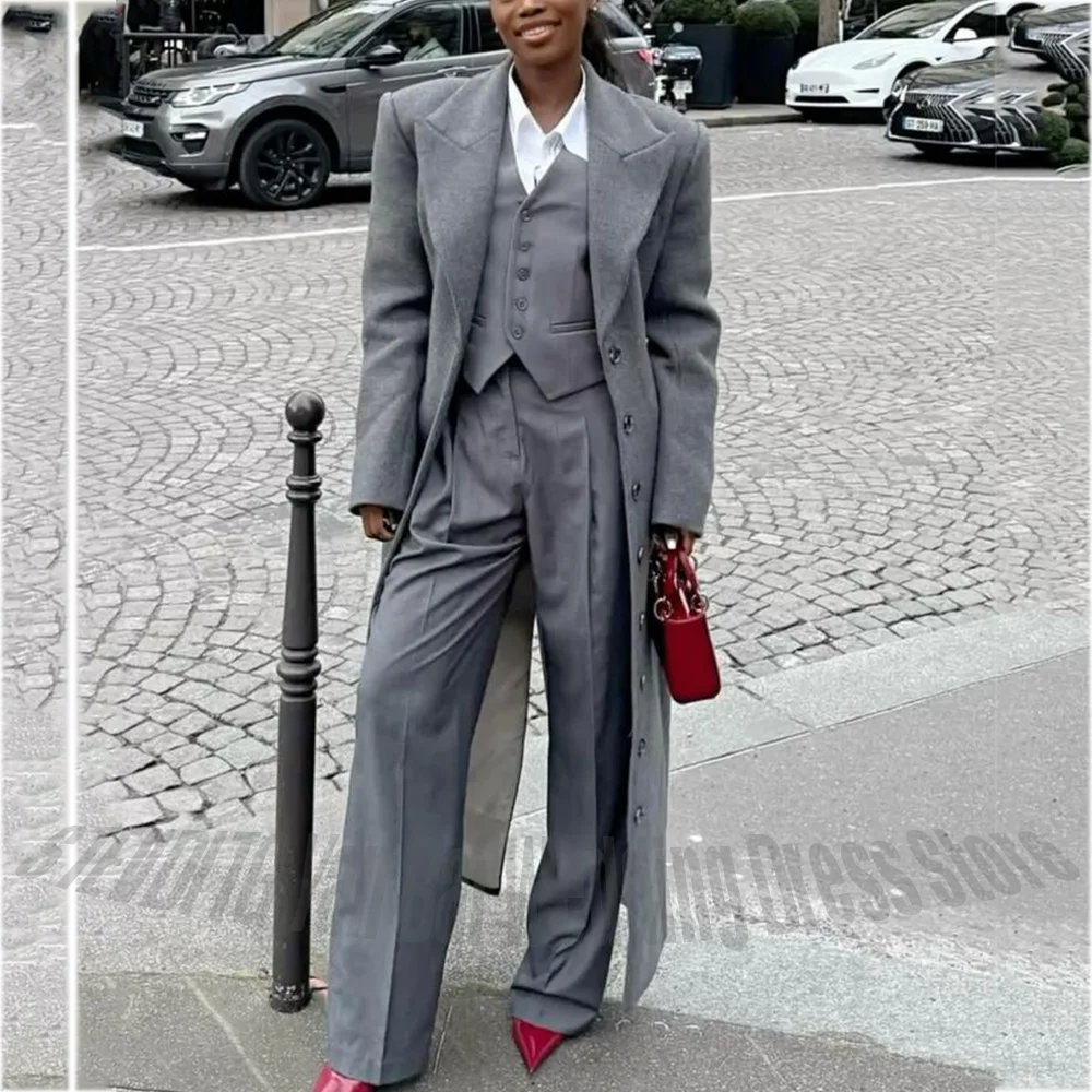 High Qulity Grey Women Suit Slim Fit Formal Outfit Three Pieces Chic Peaked Lapel Single Breasted Office Lady Casual Suit Set