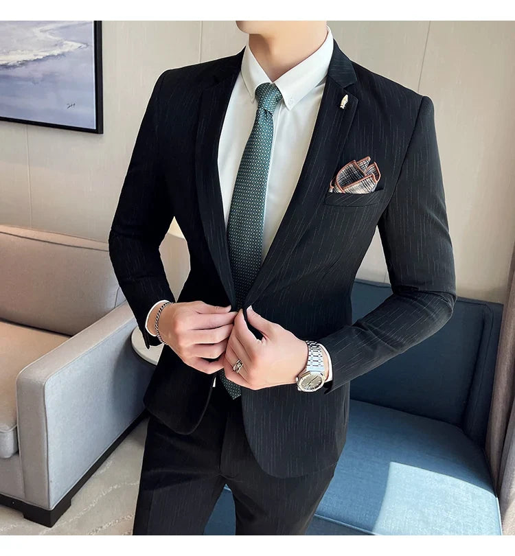 7XL 6XL(Jacket+Pant）Fashion Striped Men Slim Fit Suit Groom Wedding Tuxedo Formal Business Party Slim Fit Social Stage Costume