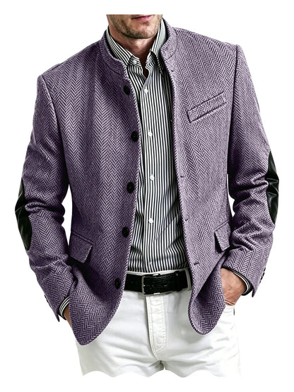 Men's Herringbone Tweed Blazer With Elbow Patches Retro Stand Collar Jacket Slim Fit Daily Party Business Casual Sport Coat ﻿