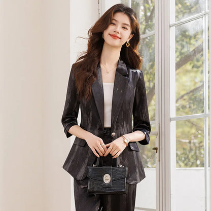 Women's Two Piece Set Blazer Pants Suit Elegant Office Formal Business Outfit Plus Size Three-Quarter Sleeve Jacket Trousers