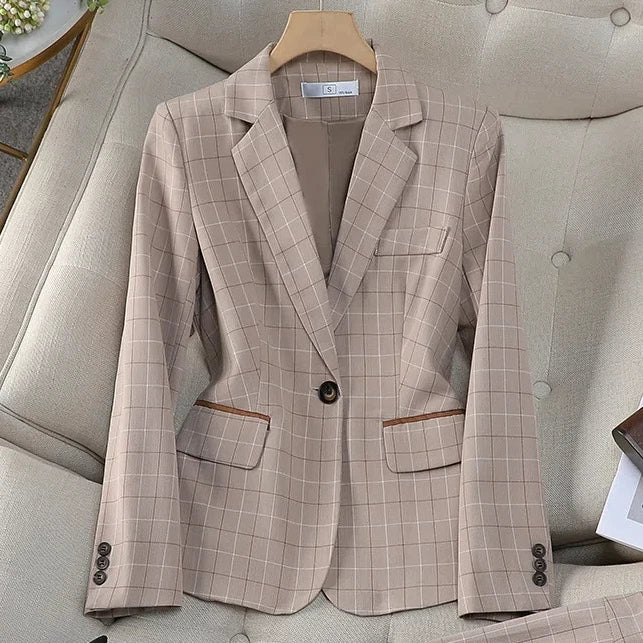 Apricot Plaid Pant Suits for Women Blazer British Style Capable Fashionable High-end Professional Clothing OL Clothes Suit Pants