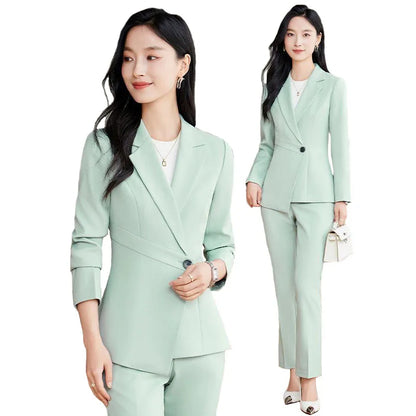 Elegant Green Apricot Black Ladies Pant Suit Women Female Business Work Wear Jacket and Trouser Blazer 2 Piece Set