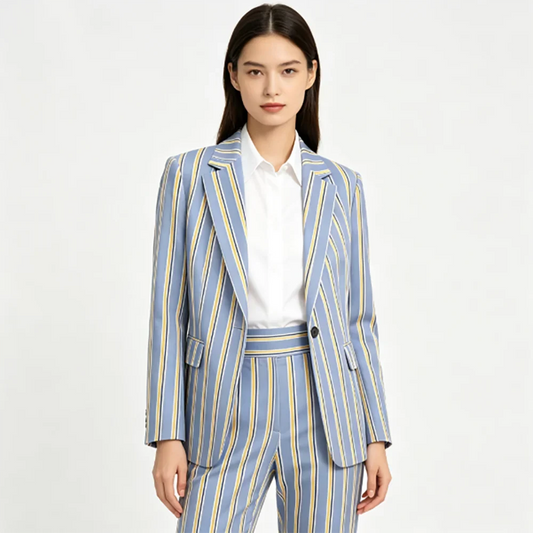 Luxury Women Vertical Striped Suit Set Blue Yellow Pattern 2 Pieces Jacket Pants Formal Business Wedding Party Matching Outfit