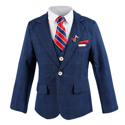 Handsome Boys Plaid Suit Set With Blazer Vest Pants Bowtie Brooch 1-11Years Kids Formal Birthday Wedding Party Outfit Suit Set