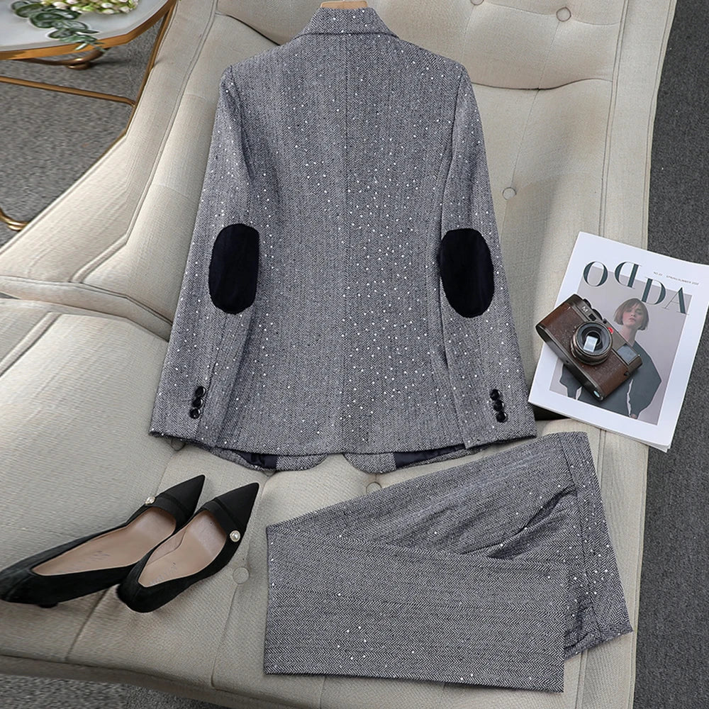 Elegant Vintage Blazer Pants Set for Woman 2 Pieces Matching Sets Autumn 2026 Office Lady Jacket and Trousers Suit Brown
