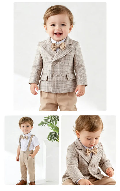 Baby Boys Gentleman Tweed Suit Set Kids Flower Boy Wedding Formal Wear Double Breasted Blazer Khaki Pants Bow Tie Birthday Party