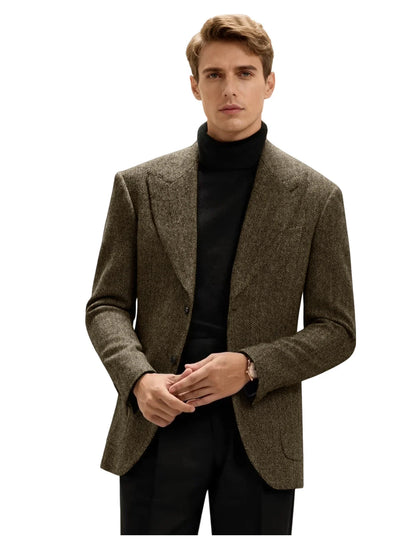 Classic Italian Men's Suit Jacket, Single Breasted, Autumn Winter Retro Warm Suit Men Herringbone Business Casual Men's Clothing