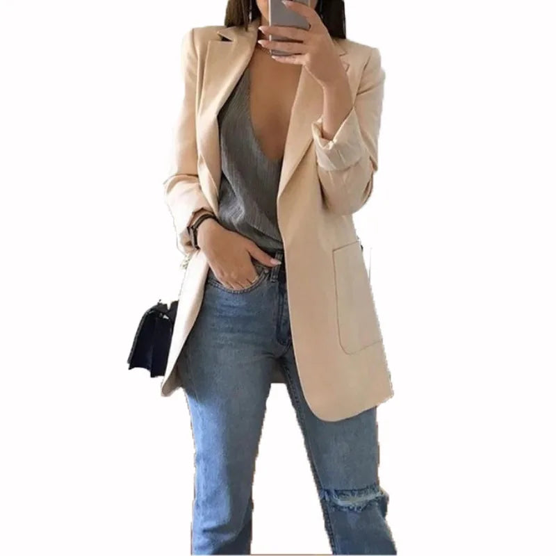 Women's Casual Blazer Notched Lapel Long Sleeve Open Jacket with Pockets Slim Fit Spring Autumn Office Lady Streetwear Coat