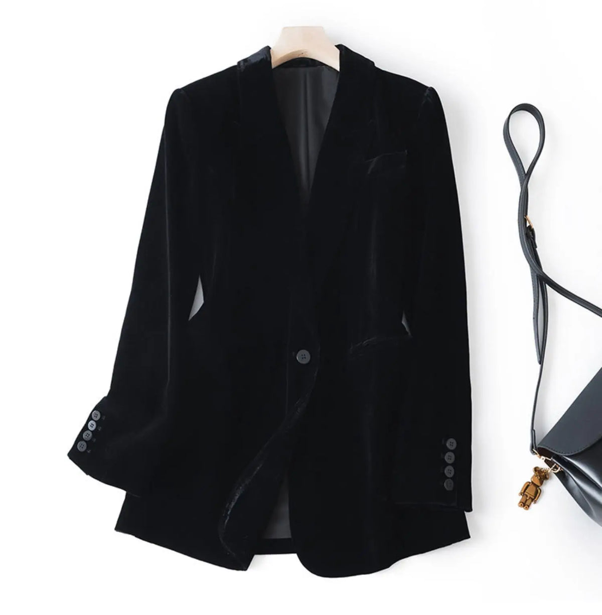 Silk Velvet Long Sleeve Suit Jacket Women's Business Wear Slim Fit Mid-Length Luxury Glossy Black Swan Velvet Outerwear