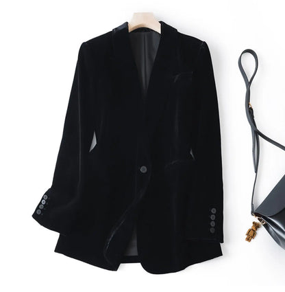 Silk Velvet Long Sleeve Suit Jacket Women's Business Wear Slim Fit Mid-Length Luxury Glossy Black Swan Velvet Outerwear