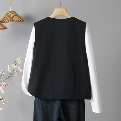 Spring Femme Fashion Vest Outwear Retro Ladies Solid Color Casual Sleeveless Jacket Autumn Women Round Neck Loose Waistcoat Coat