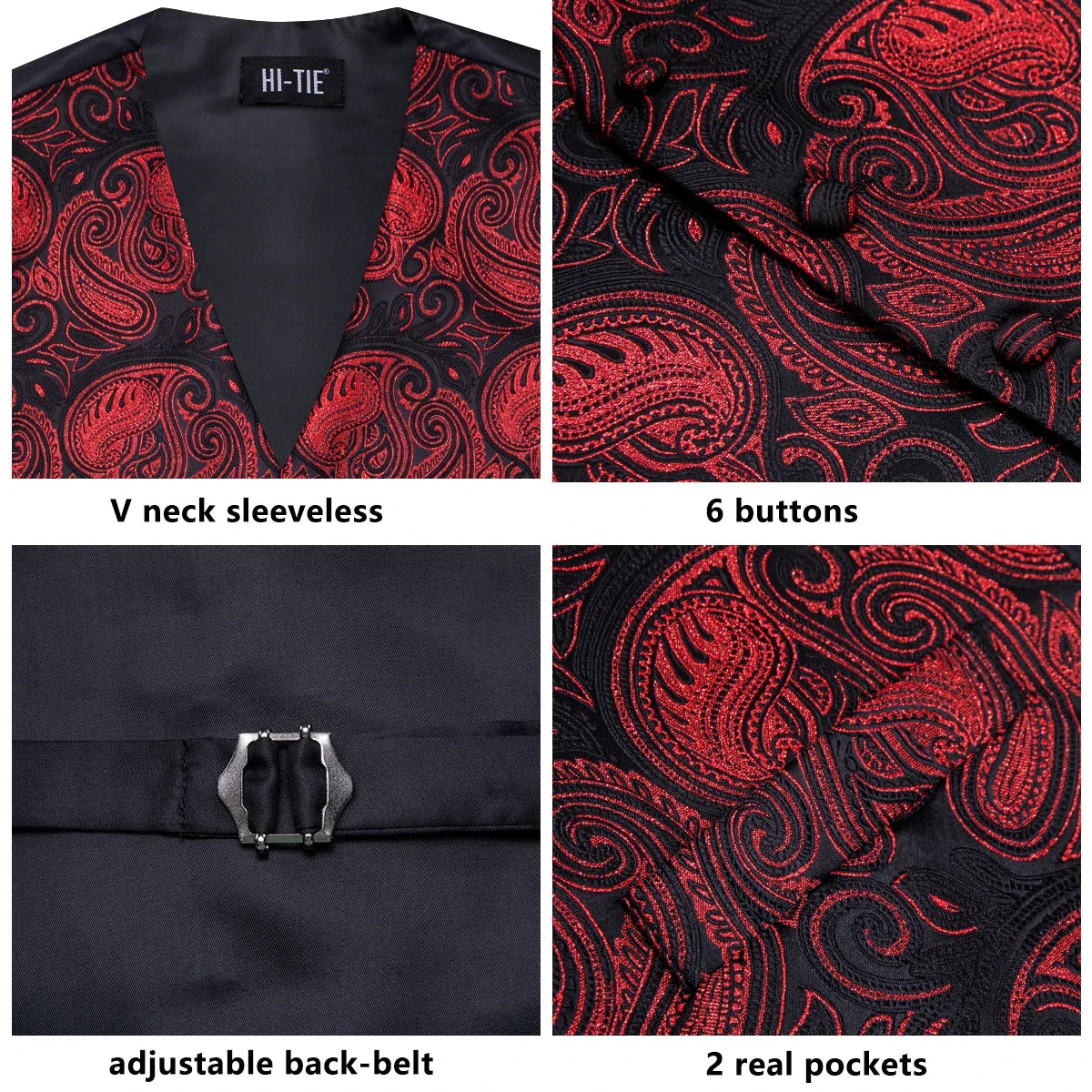 Men's Vest Tie Hanky Cufflinks Set – Wine Black Paisley Jacquard for Weddings & Formal Events