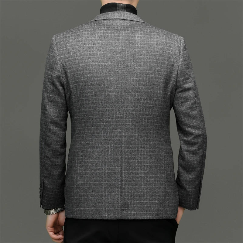 Men's Blazer Wool Cashmere Silk Plaid Smart Casual Winter Suit Jacket