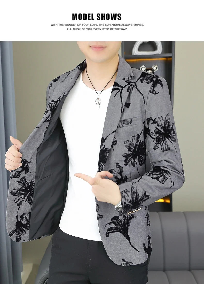 Blazer Men's Fashion Gentleman Business Outdoor Travel Print Wedding Slim-fit Korean Trend Handsome Youth Casual Blazer