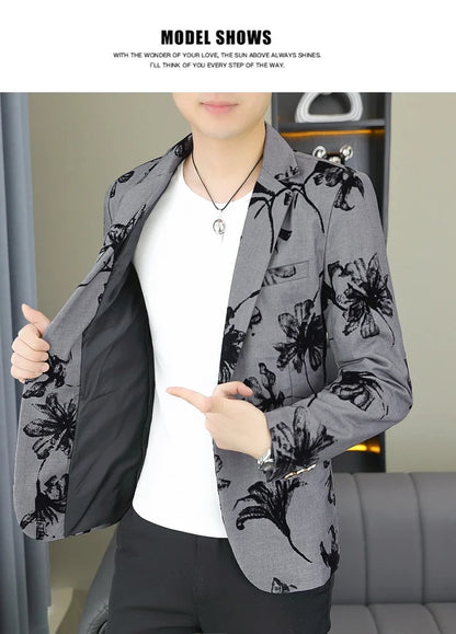 Blazer Men's Fashion Gentleman Business Outdoor Travel Print Wedding Slim-fit Korean Trend Handsome Youth Casual Blazer
