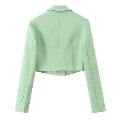 Spring Commuter Style Short Blue Suit Jacket Women's Fashionable Versatile Single Button Flip Collar Top Thin Long Sleeve