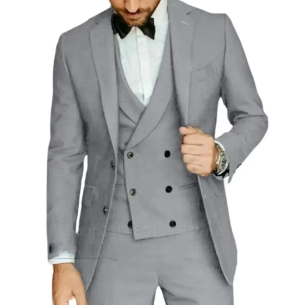 Costume de smoking 3 pièces gris coupe ajustée pour homme avec revers cranté, pour marié, mariage, affaires, ensemble veste, pantalon, gilet