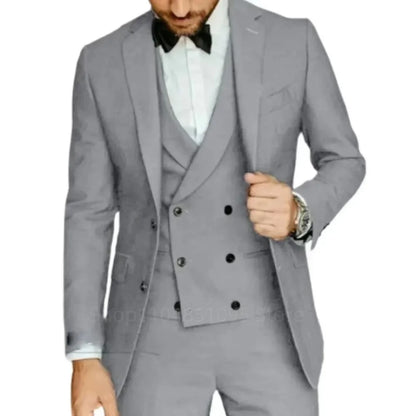 Costume de smoking 3 pièces gris coupe ajustée pour homme avec revers cranté, pour marié, mariage, affaires, ensemble veste, pantalon, gilet
