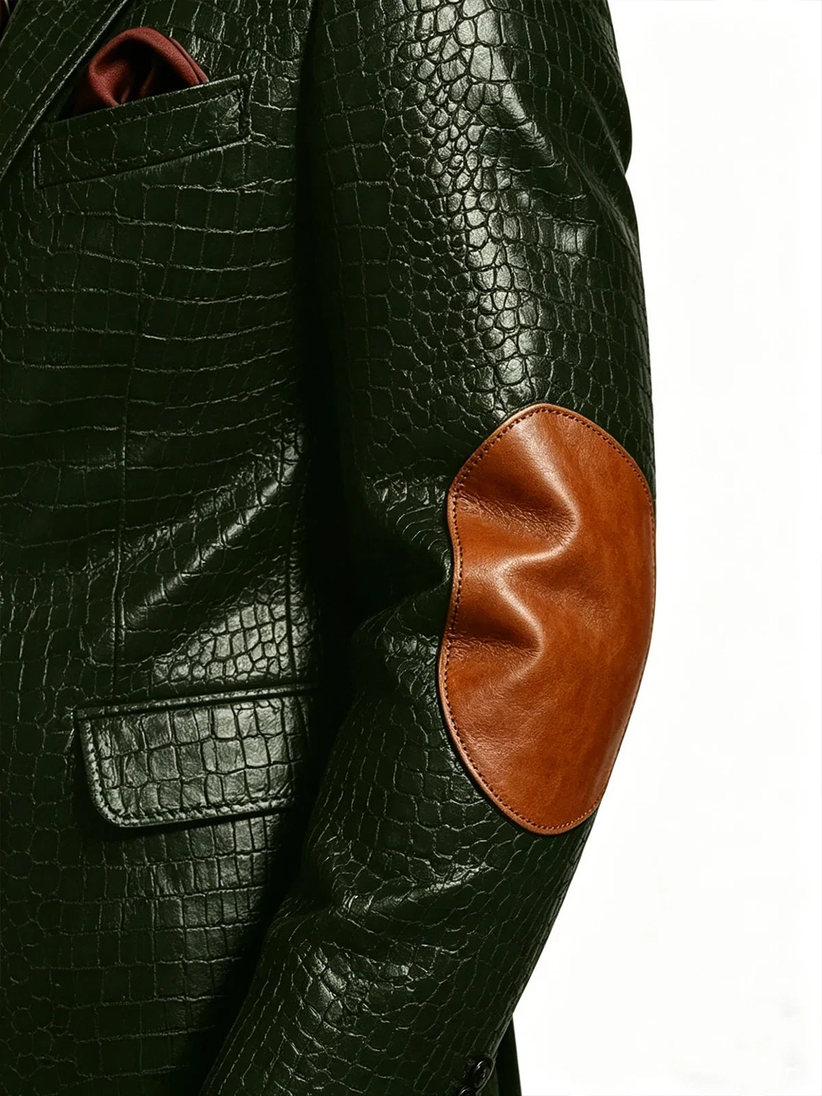 Men's Crocodile Embossed Leather Brown Jacket Patchwork Lapel Collar Slim Fit Luxury PU Blazer For Business Casual Party