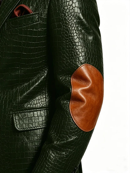 Men's Crocodile Embossed Leather Brown Jacket Patchwork Lapel Collar Slim Fit Luxury PU Blazer For Business Casual Party