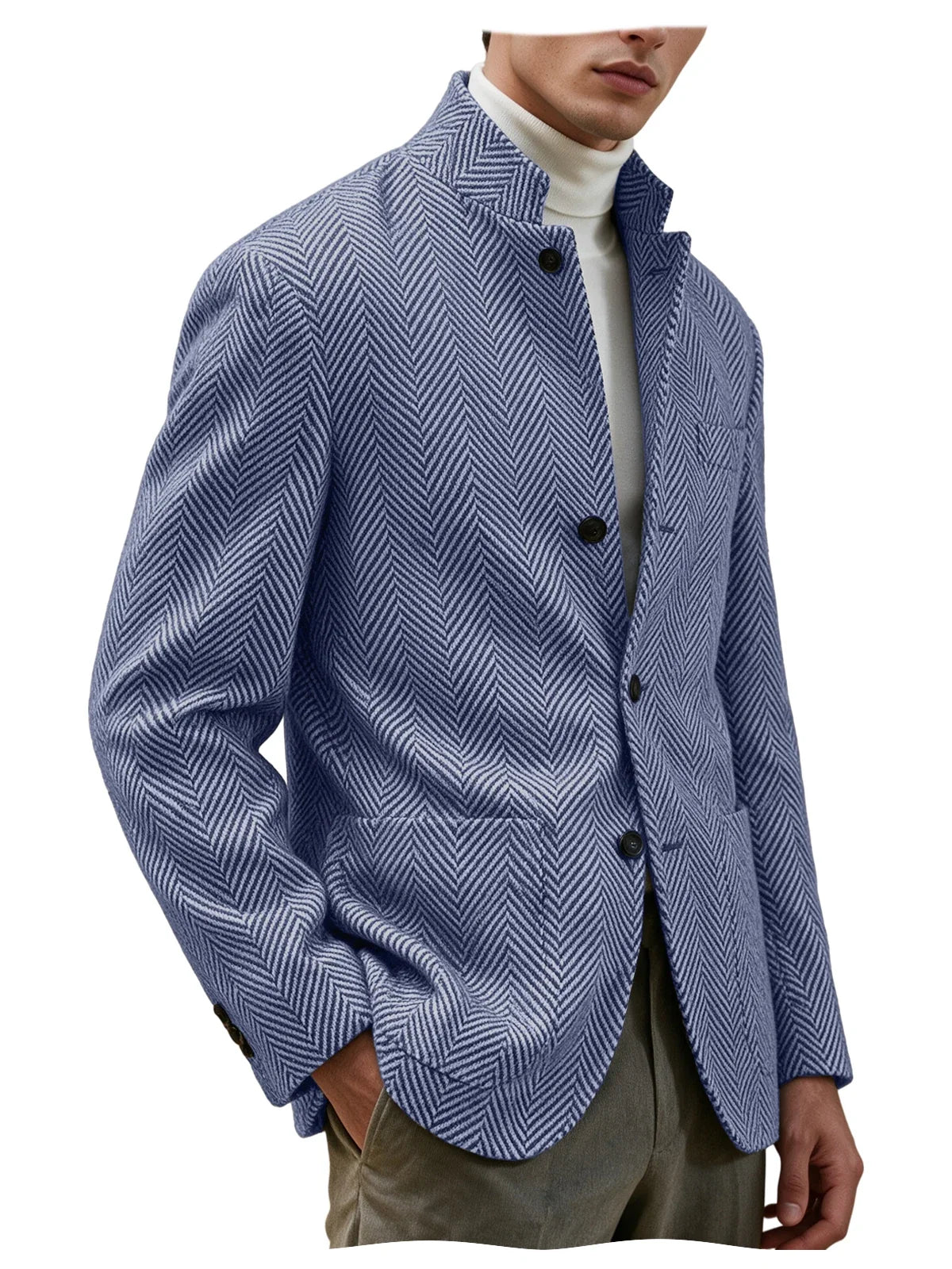 Men's Herringbone Tweed Stand Collar Blazer  Notch Lapel Slim Fit Wool Blend Sport Coat Business Casual Wedding Prom Man Jackets