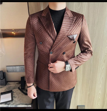 British Style Double Breasted Suit Jacket Men Striped Casual Business Blazers High Quality Wedding Social Banquet Dress Coats