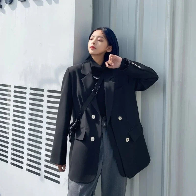2025 Spring Autumn New Women's Korean Style Vintage Street Blazer Loose Double Breasted Cool Casual Premium Student Jacket
