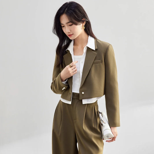 Blazers for Woman 2026 Spring Pearl Button Notched Lapel Short Jacket Casual Fashion Office Lady Outerwears 153XC3221X