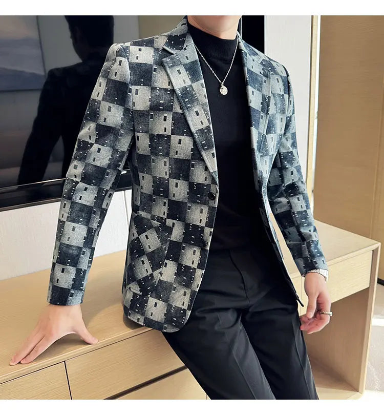 Korean Jacquard Denim Jacket for Men Autumn Winter Casual Business Men Blazers Slim Fit Wedding Social Dress Coat Men Clothing