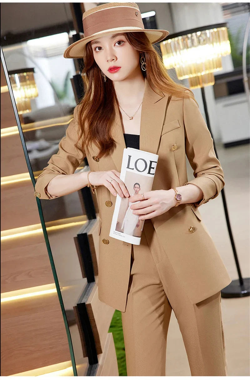 2025 Button Decoration Formal Jacket Blazer and Trouser 2 Piece Set Fashion Pink Green Black Ladies Work Wear Pant Suit Women
