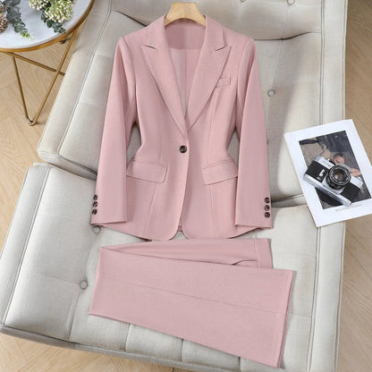 Korean Style Fashion Blazer Trousers Suit Women 2026 Autumn Long Sleeve Jacket and Pants 2 Piece Matching Set Outfit Pink