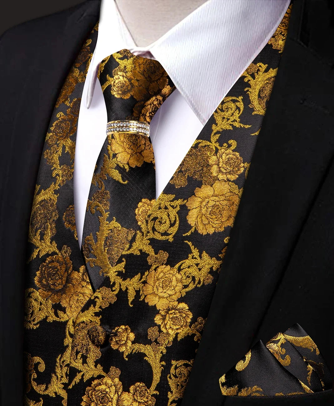Men's V-Neck Vest Matching Kit | Black Gold Floral Jacquard | Wedding & Celebration