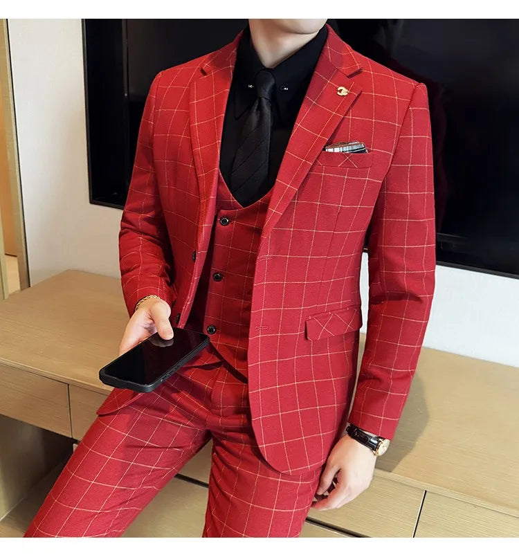 Men's 3-Piece Slim Fit Plaid Suit – Jacket, Vest & Pants for Weddings, Office & Formal Occasions