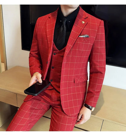 Men's 3-Piece Slim Fit Plaid Suit – Jacket, Vest & Pants for Weddings, Office & Formal Occasions