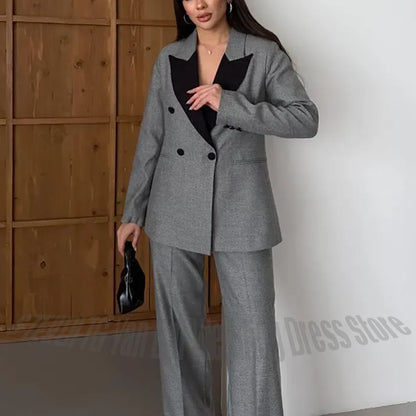 Grey Women Suit 2 Pieces Peaked Lapel Straight Fit Formal Business Outfit for Office Work Wedding Guest Party Streetwear Fashion