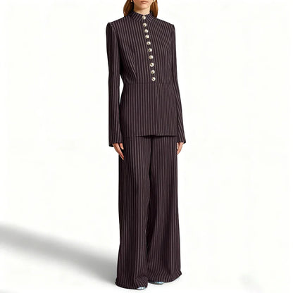 Elegant Women's Suits Pinstripe Two-piece(Jacket+Pants) Set with Stand Collar Gold Single Breasted Business Office Lady Outfit