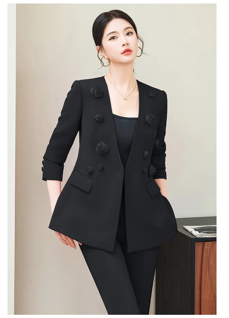 Spring Fashion Office Ladies Blazer and Pants Suit Formal Solid Color Women Jacket Trouser Women Business Work Wear 2 Piece Set