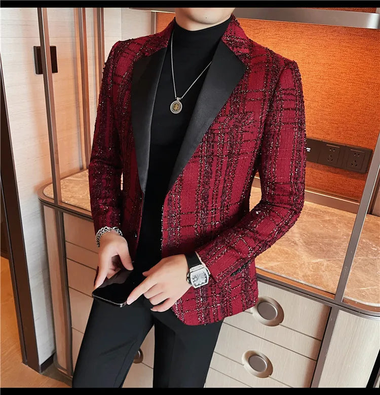 British Style Woven Suit Jacket Men Fashion Plaid Casual Business Blazer Gentleman Versatile Banquet Party Groom Wedding Coats