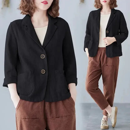 Casual Cotton Linen Short Suit Jacket Women's Spring 2025 Loose Fit Long Sleeve Artistic Large Size Casual Style Top