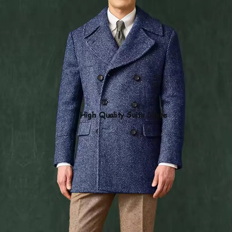 Men's Herringbone Tweed Overcoat Double-Breasted Wide Lapel Wool Blend Formal & Wedding Coat