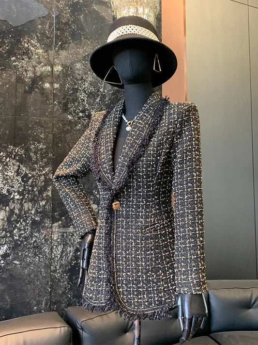 Fashion Spring Autumn New Style Women Tweed Jackets Slim Fit Tassels Turndown Collar Single Button Elegant Plaid Coats Outerwear