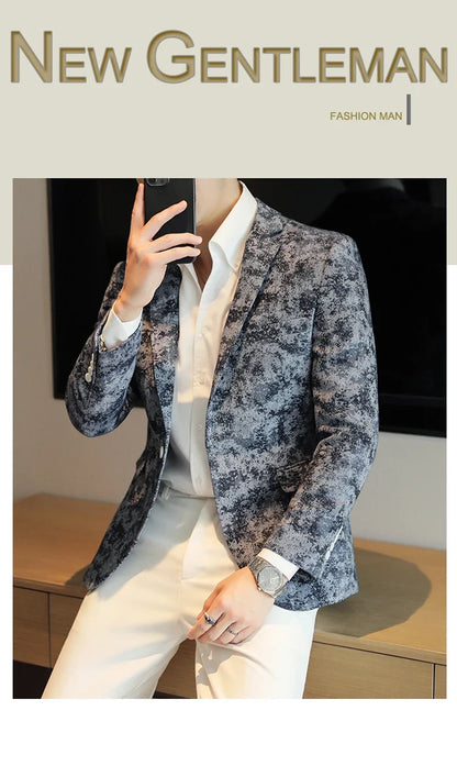2026 Spring Denim Blue Men's Casual Suit Jacket Korean Slim Blazers Tie-dyed Business Social Jacket Banquet Party Dress Coats