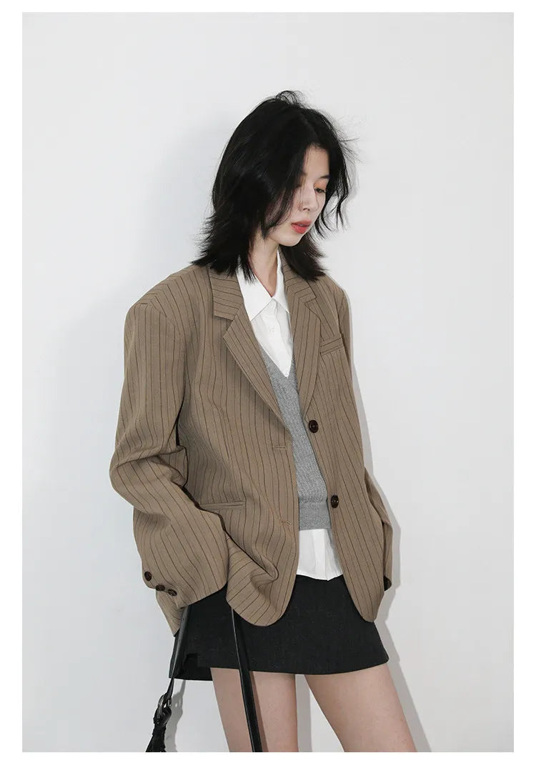 New Women Blazers Single-breasted Loose Casual Retro Striped Office Ladies Suit Jacket Female Coat Spring Autumn 2026
