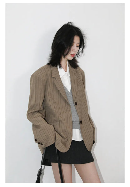 New Women Blazers Single-breasted Loose Casual Retro Striped Office Ladies Suit Jacket Female Coat Spring Autumn 2026