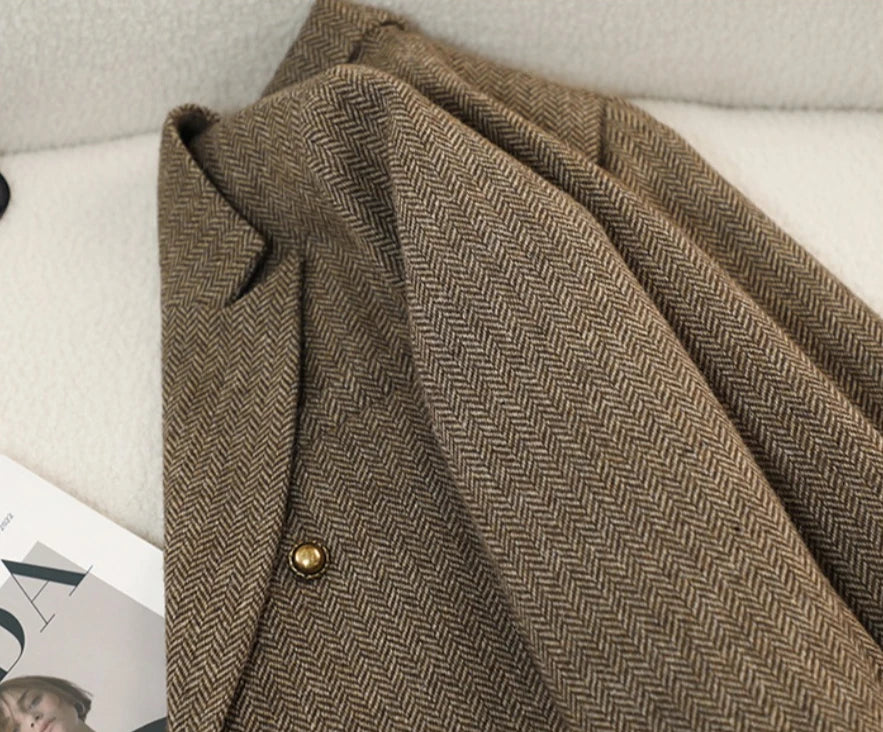 Fashion Grey Blazer Women Coffee Long Sleeve Casual Jacket for Autumn Winter Female Coats Double-Breasted Suit Women’s Clothing