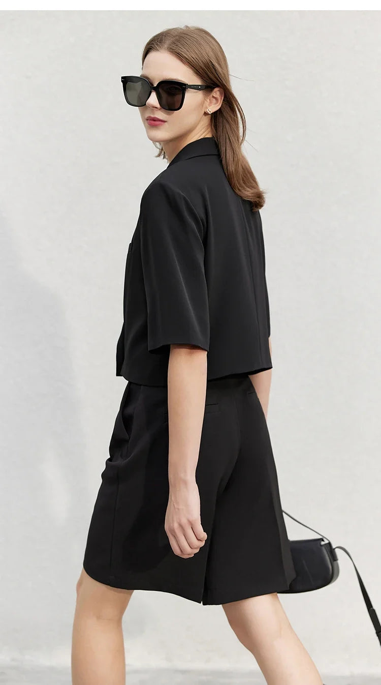 Minimalism Women's Jacket Casual Blazer 2024 Summer Shirts Office Lady Black Business Blazers Short Sleeve Tops 12322062