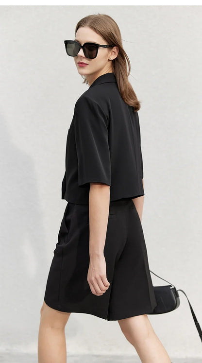 Minimalism Women's Jacket Casual Blazer 2024 Summer Shirts Office Lady Black Business Blazers Short Sleeve Tops 12322062