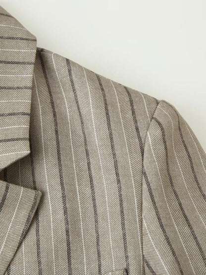 Women Khaki Striped Blazer Jacket Y2k 2000s Vintage Suit Coat European & American Elegant Fashion Belted Twill Blazer Outerwear