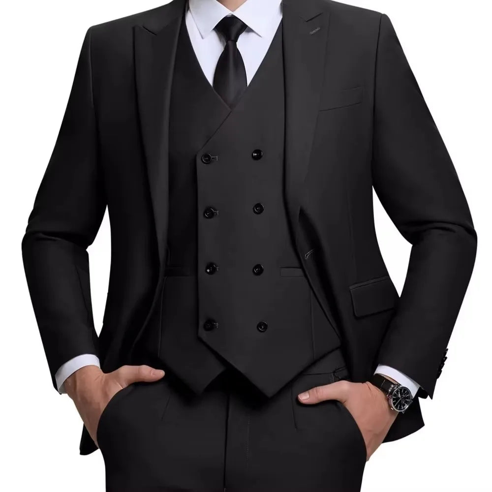 Men's Linen 3-Piece Slim Fit Suit – Blue & Beige | Peak Lapel
