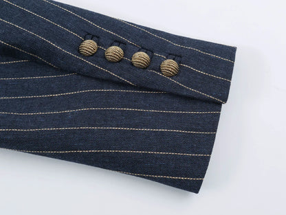 2026 Fashion Women's  Navy Pinstripe Blazer Autumn Elegant Female Long Sleeves Button Military Style Slim Suit Jacket